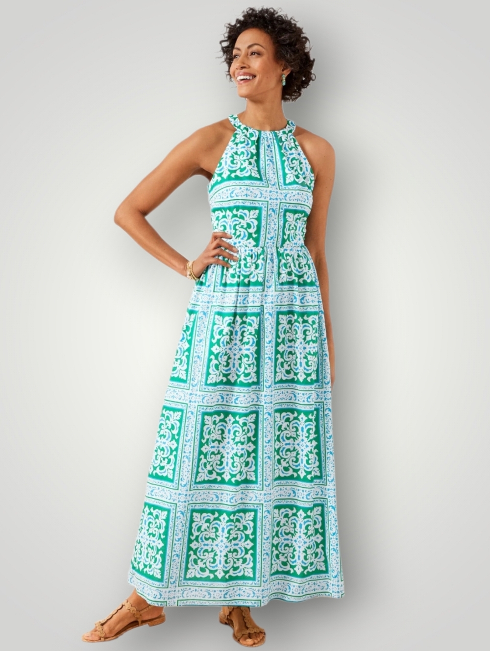 Talbots Halter Maxi Dress 14 Green Blue Medallion Tile Print 100% Cotton Baroque